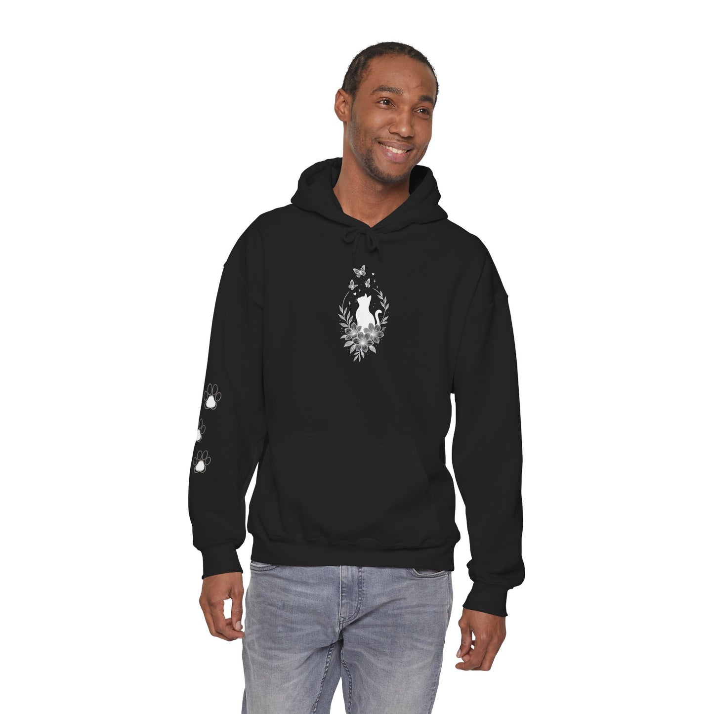 Black Cat Silhouette Hoodie — Minimalist Cat Lover Pullover with Paw Print Sleeve
