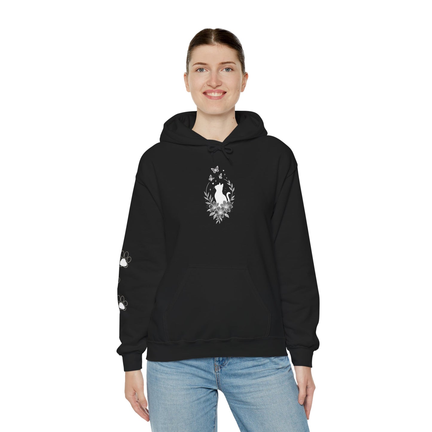 Black Cat Silhouette Hoodie — Minimalist Cat Lover Pullover with Paw Print Sleeve