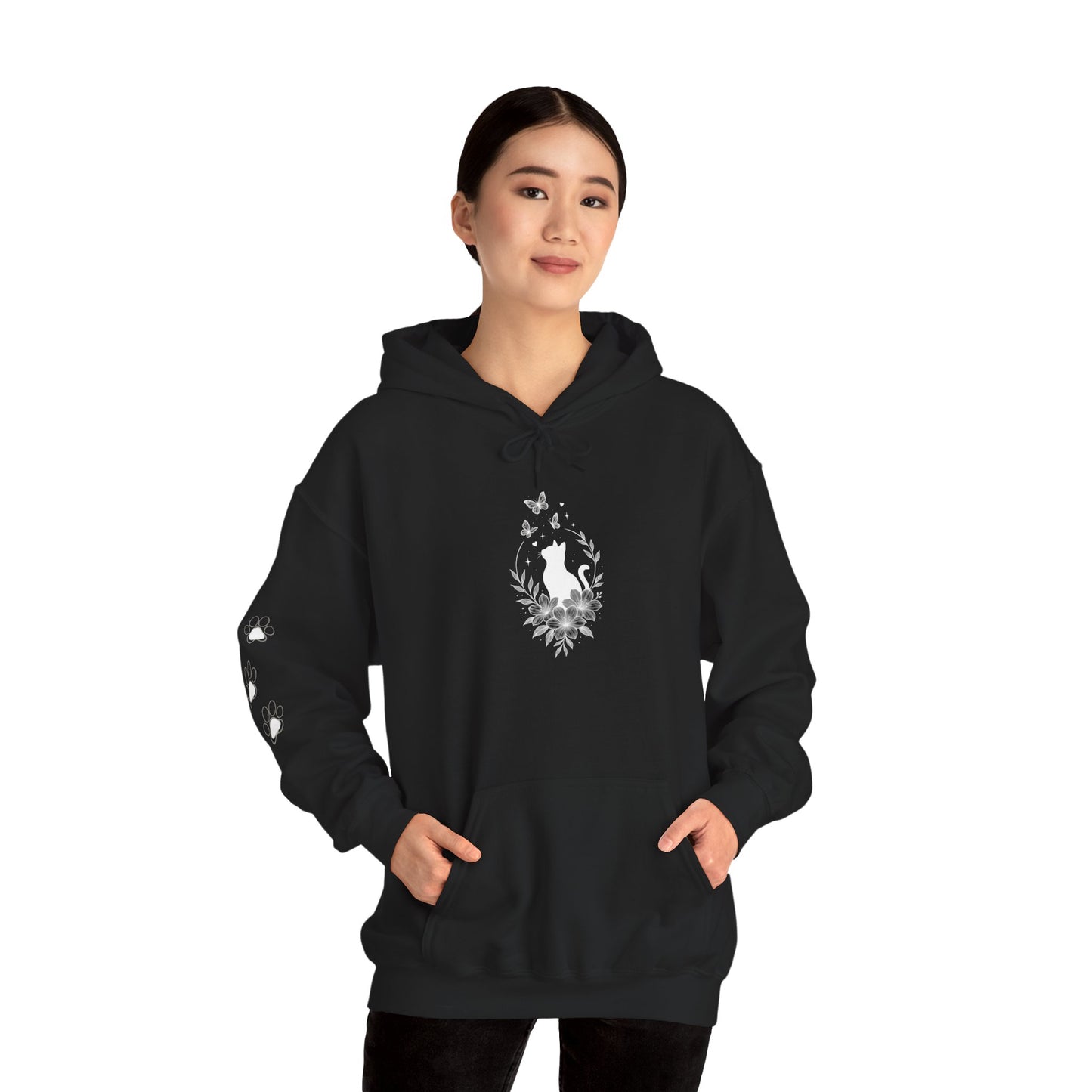Black Cat Silhouette Hoodie — Minimalist Cat Lover Pullover with Paw Print Sleeve
