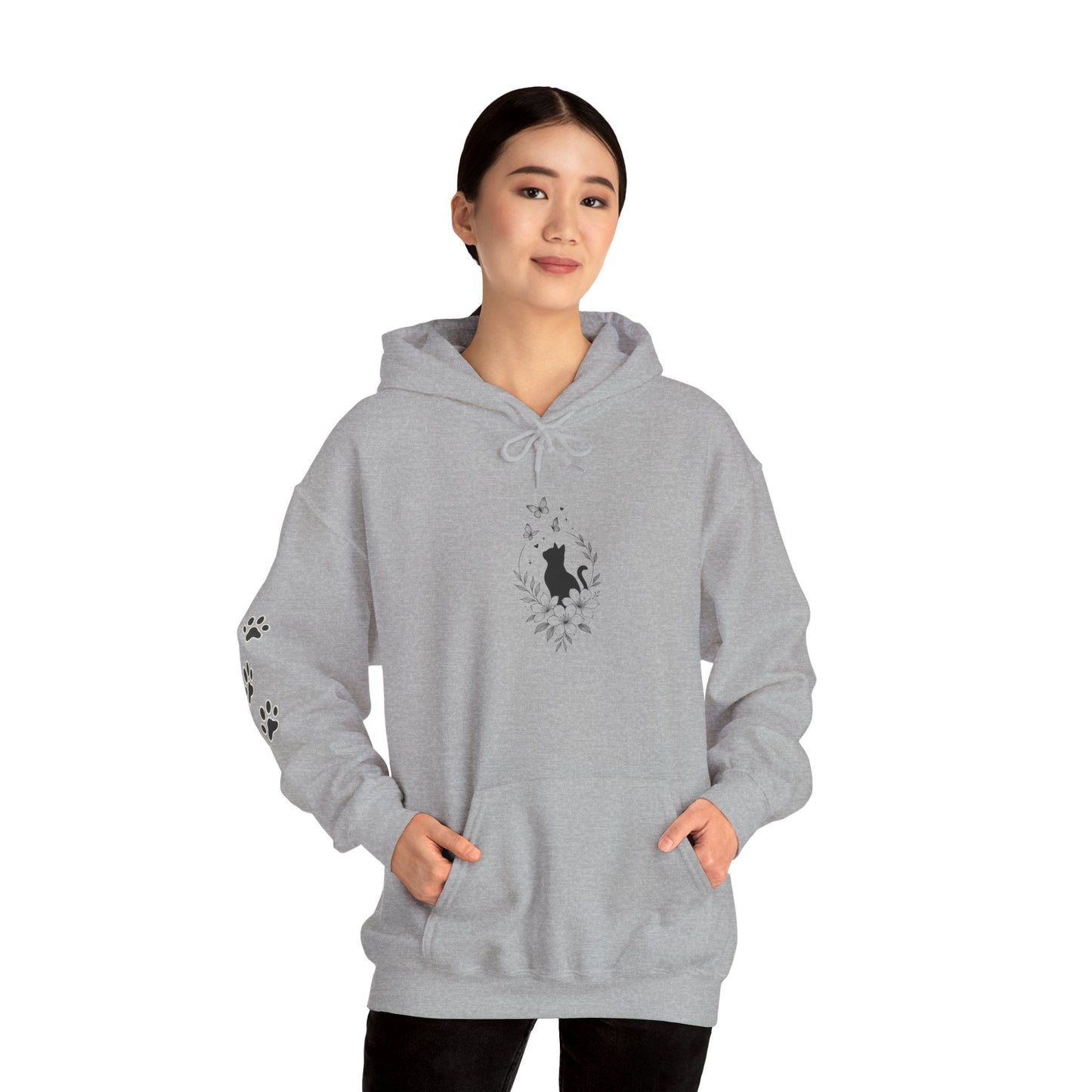 Black Cat Silhouette Hoodie — Minimalist Cat Lover Pullover with Paw Print Sleeve