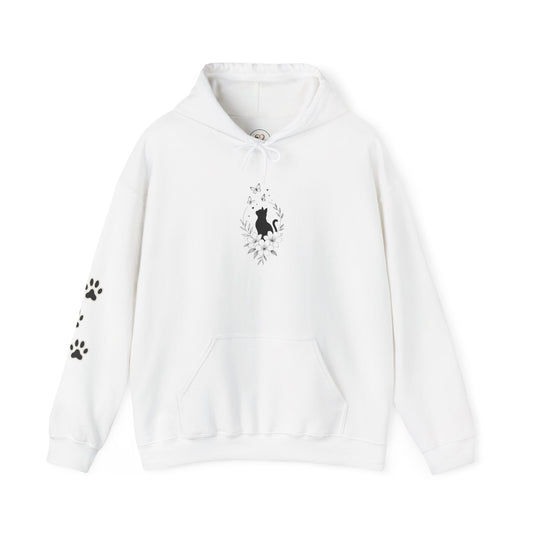 Black Cat Silhouette Hoodie — Minimalist Cat Lover Pullover with Paw Print Sleeve