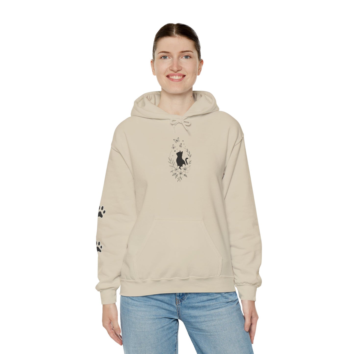 Black Cat Silhouette Hoodie — Minimalist Cat Lover Pullover with Paw Print Sleeve