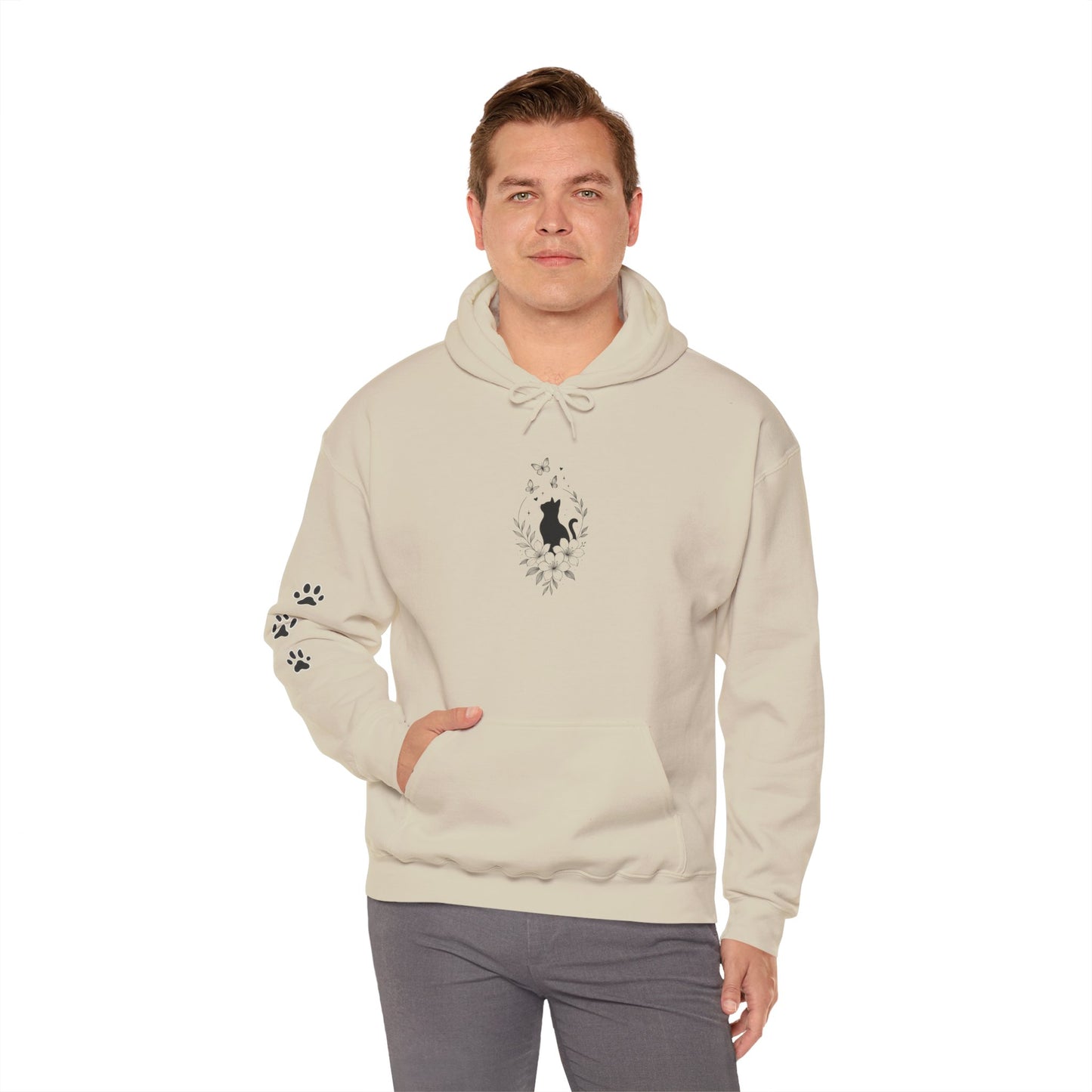Black Cat Silhouette Hoodie — Minimalist Cat Lover Pullover with Paw Print Sleeve