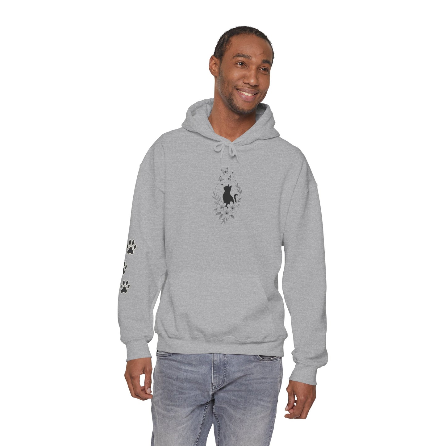 Black Cat Silhouette Hoodie — Minimalist Cat Lover Pullover with Paw Print Sleeve