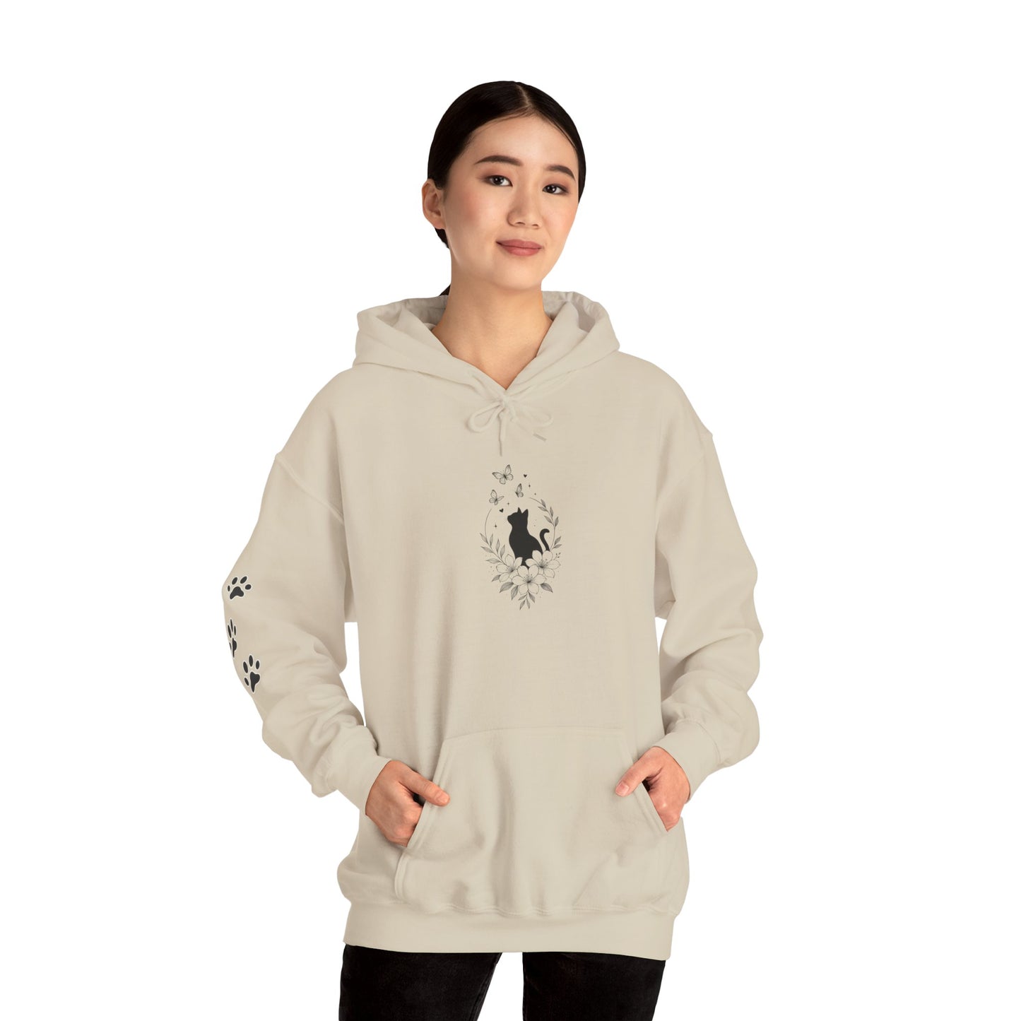 Black Cat Silhouette Hoodie — Minimalist Cat Lover Pullover with Paw Print Sleeve