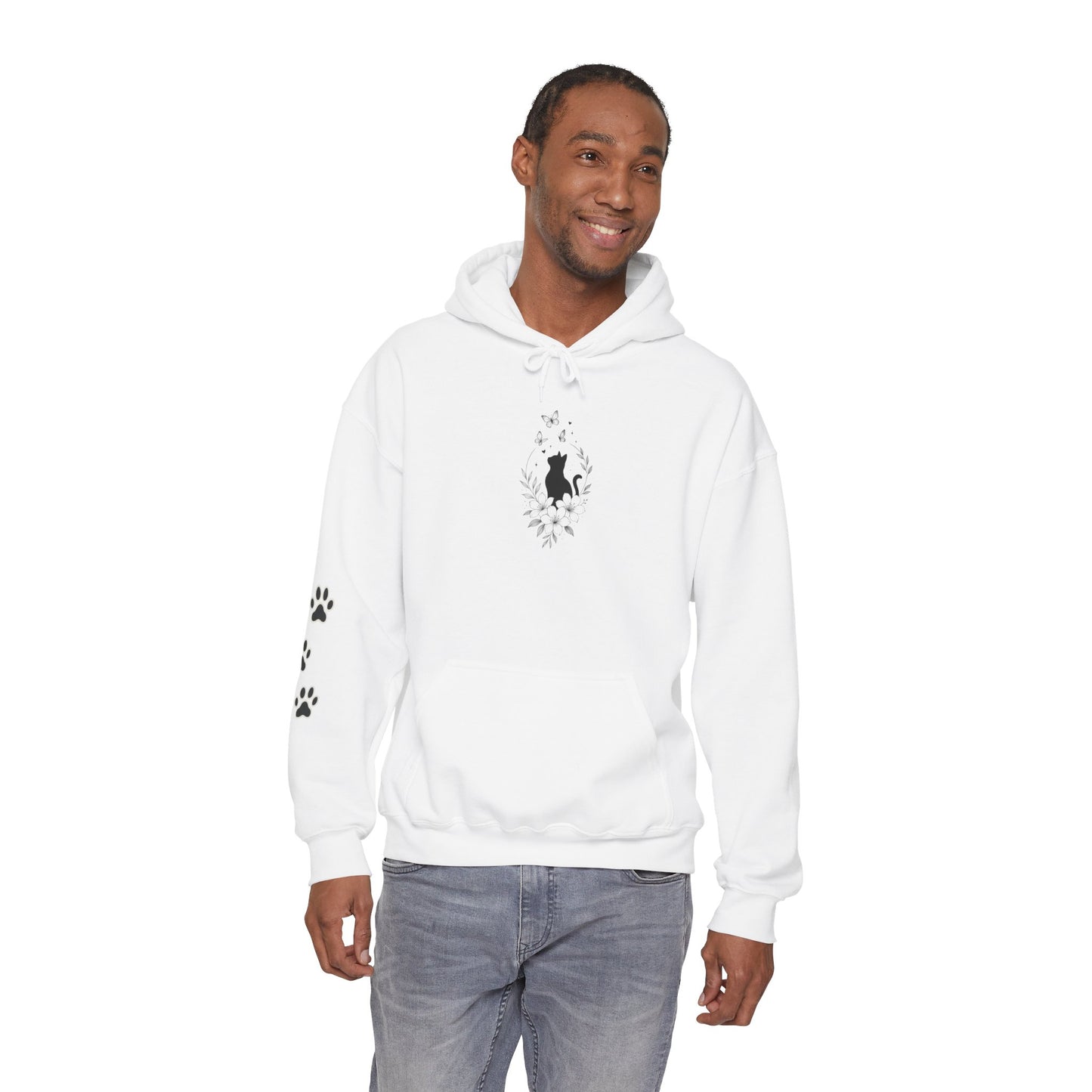 Black Cat Silhouette Hoodie — Minimalist Cat Lover Pullover with Paw Print Sleeve
