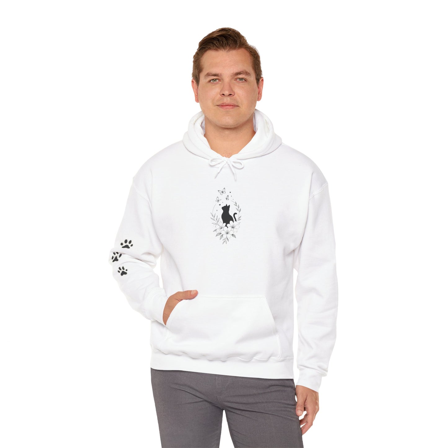 Black Cat Silhouette Hoodie — Minimalist Cat Lover Pullover with Paw Print Sleeve